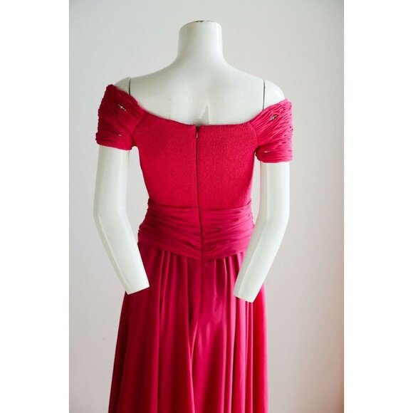Vintage Pink Gathered Ruched Bodice Off The Shoulder Chiffon Gown w rhinestones - Picture 6 of 12